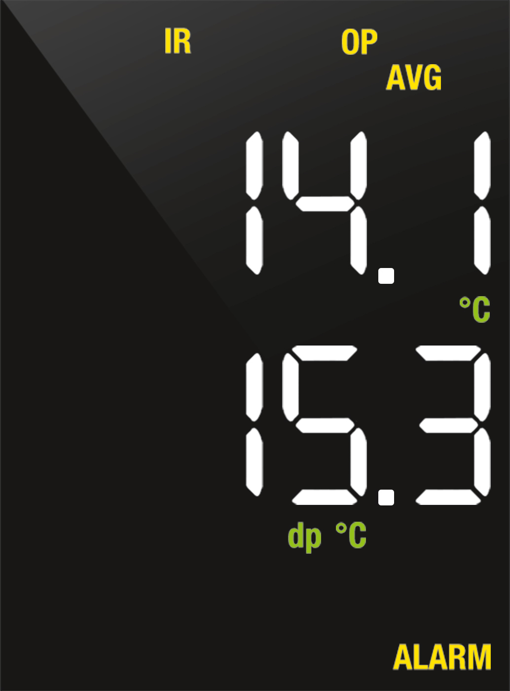 Alarm punktu rosy jest uruchamiany, gdy temperatura powierzchni ściany wynosząca 14.1 °C obniży się poniżej temperatury punktu rosy wynoszącej 15.3 °C.