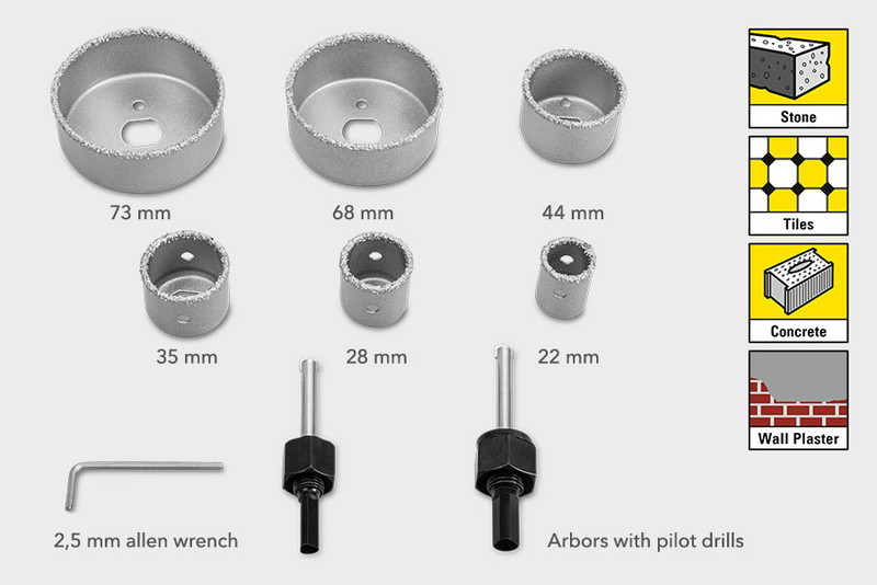 Przystosowany do obróbki materiałów o wysokiej twardości, takich jak płytki ceramiczne (stopień twardości 1 i 2), kamień, beton komórkowy i tynk: